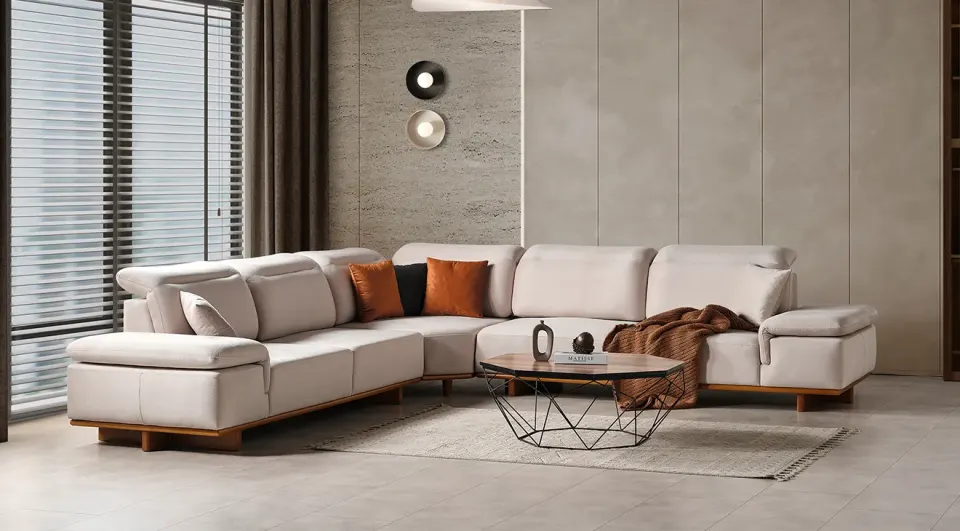 Lotus Modern Wooden Leg Corner Sofa Set