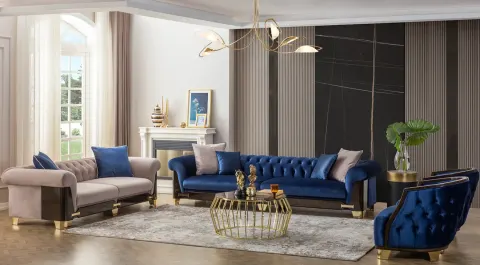 Nish Blue Metal Leg Sofa Set