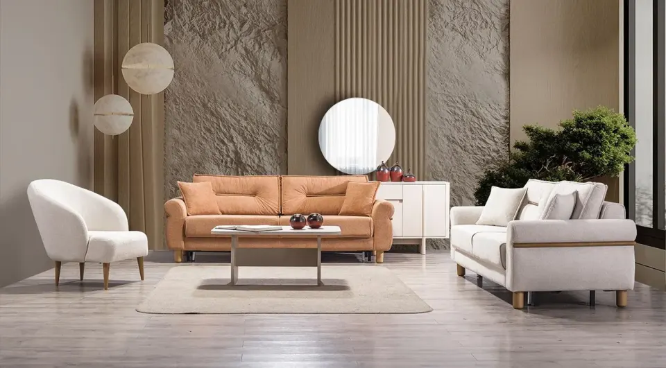 Buse Sofa Set with Bed and Storage and Wooden Legs