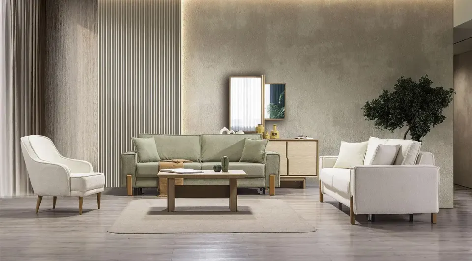 İpek Bed, Storage Box, Wooden Leg Sofa Set