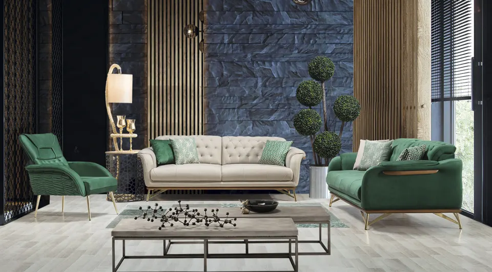 Zena  Gold Metal Leg Sofa Set