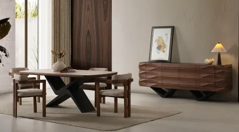 Dolunay Walnut Metal Legs Dining Room Set