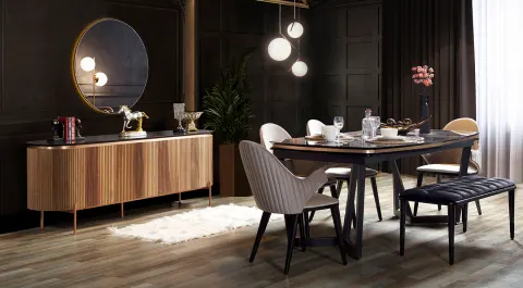 Tesla Metal Leg Walnut Dining Room Set