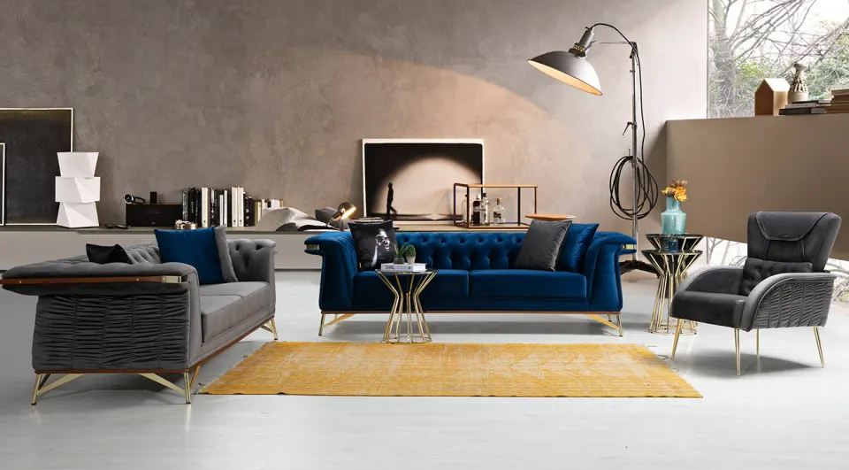 Salonz Blue Metal Leg Sofa Set