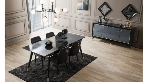 Asil Black Marble Patterned Dining Room Set