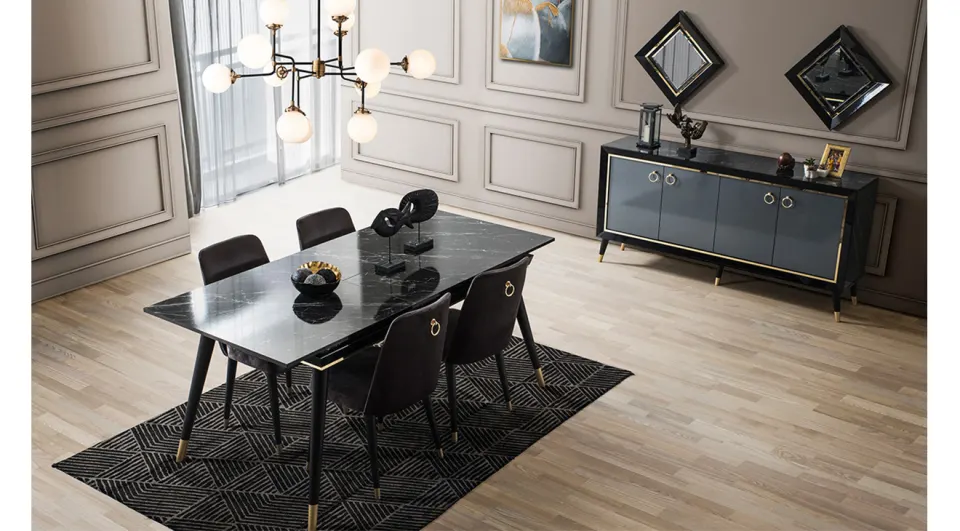 Asil Black Marble Patterned Dining Room Set