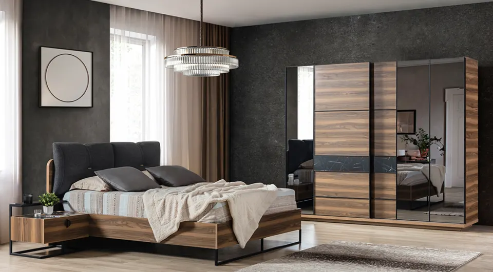 Cool Sliding Door Metal Leg Bedroom Set (Walnut)