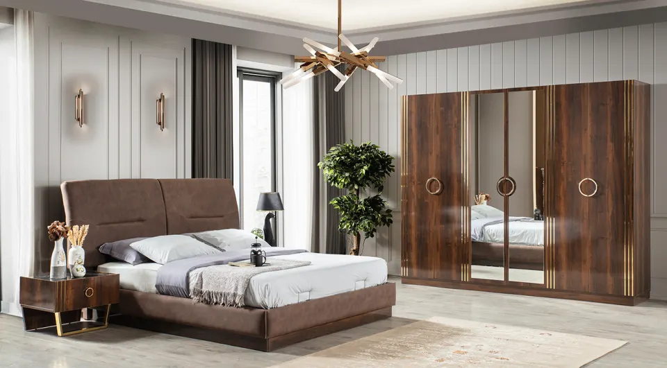 Bella Metal Leg Bedroom Set (Koyu Walnut)