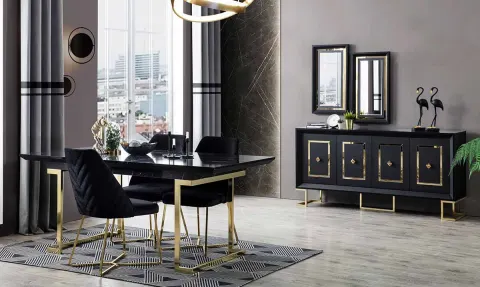 Lara Marble Patterned Metal Leg Dining Room Set (Black)