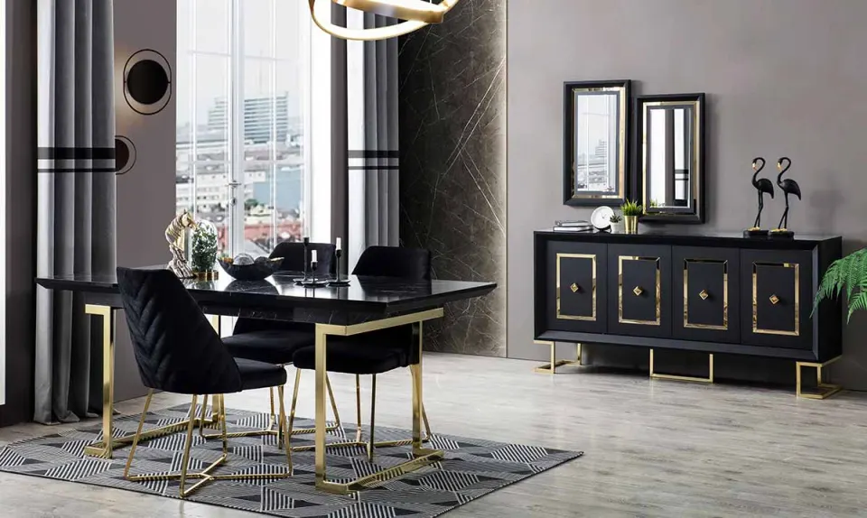 Lara Marble Patterned Metal Leg Dining Room Set (Black)