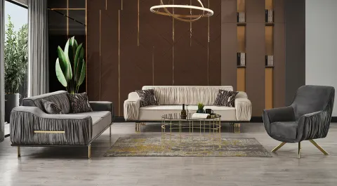 Afra  Gold Metal Leg Sofa Set