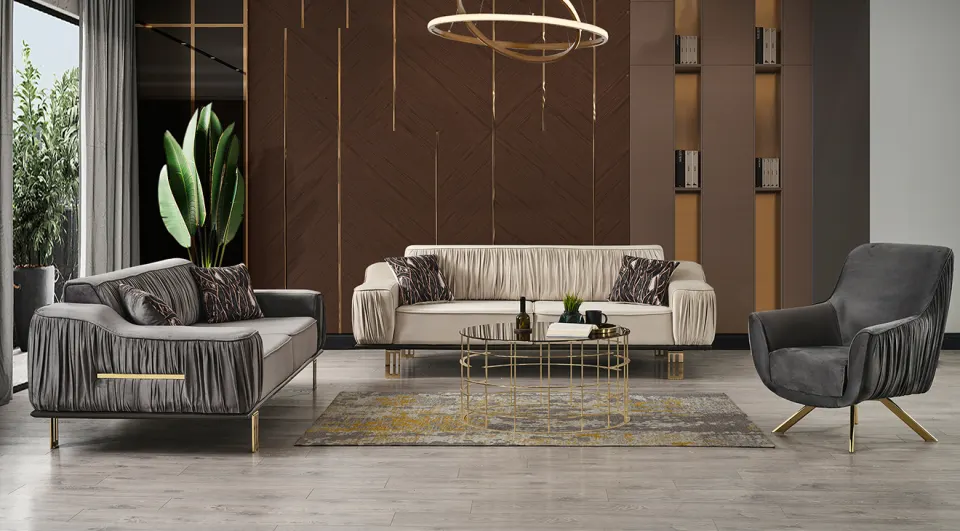 Afra  Gold Metal Leg Sofa Set