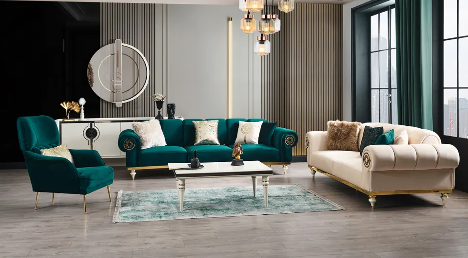 Perla Wooden Leg Sofa Set