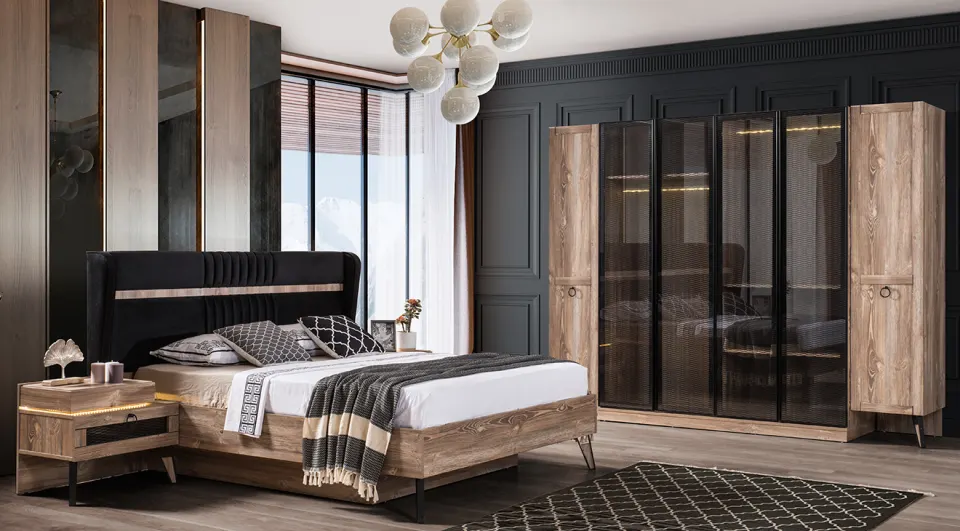 Gostivar Walnut Led Işıklı Bedroom Set