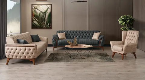 Alyans Cream Wooden Leg Sofa Set