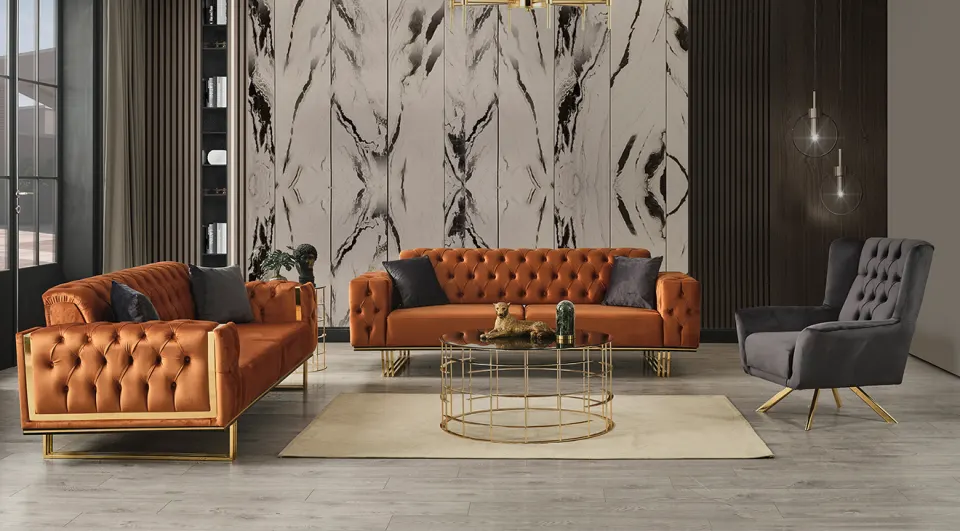 Rustik  Gold Metal Leg Sofa Set