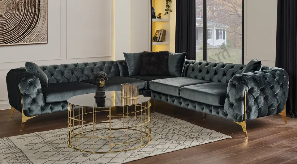 Lacase Gray Metal Leg Corner Sofa Set