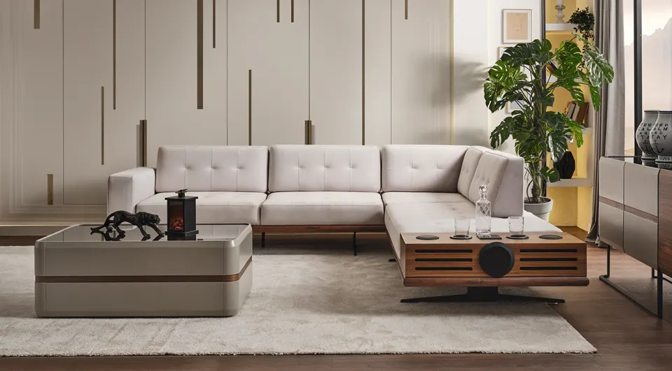 Riga Music System Metal Leg Corner Sofa Set