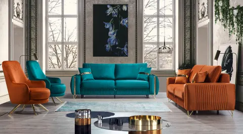 Sena Gold Metal Leg Sofa Set