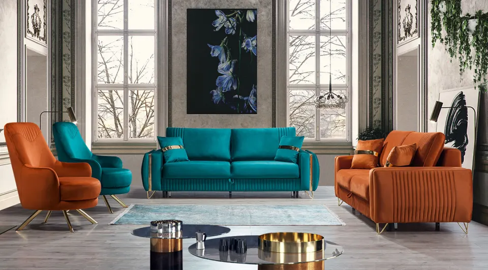 Sena Gold Metal Leg Sofa Set