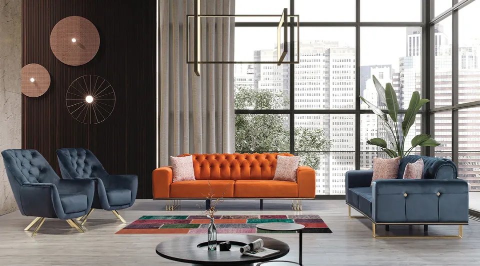 Yakamoz Gold Metal Leg Sofa Set