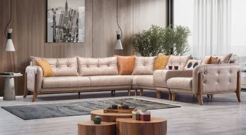 Lion USB Input Wooden Leg Corner Sofa Set