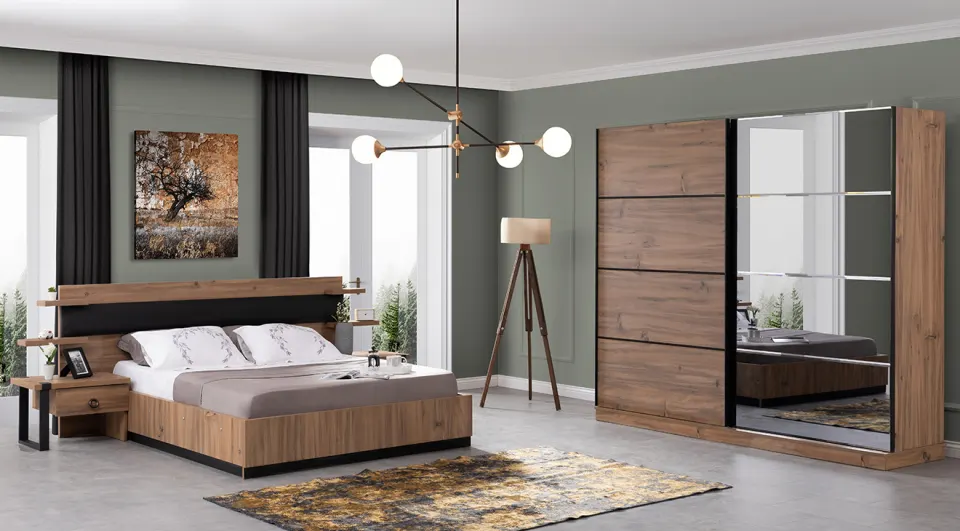 Mia Walnut Sliding Door  Bedroom Set