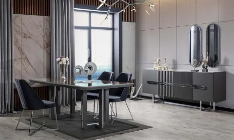 Zala Anthracite Marble Patterned Ayaklı Dining Room Set