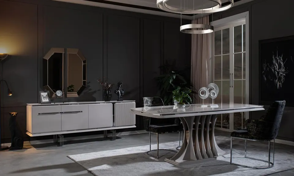 Bergama Kumtaşı Metal Leg Dining Room Set
