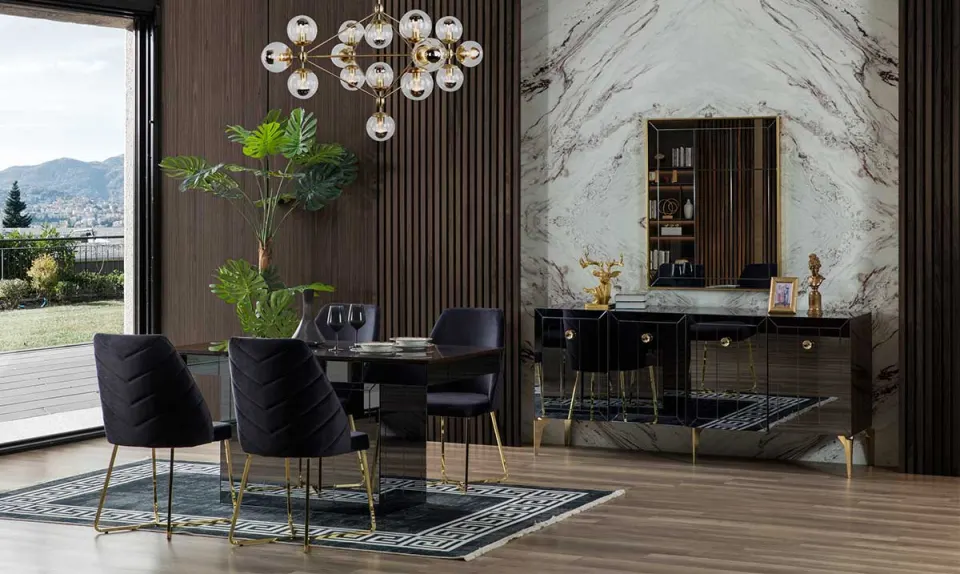 Lexus Walnut Metal Leg Dining Room Set