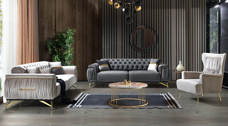 Azra Gold Metal Leg Sofa Set