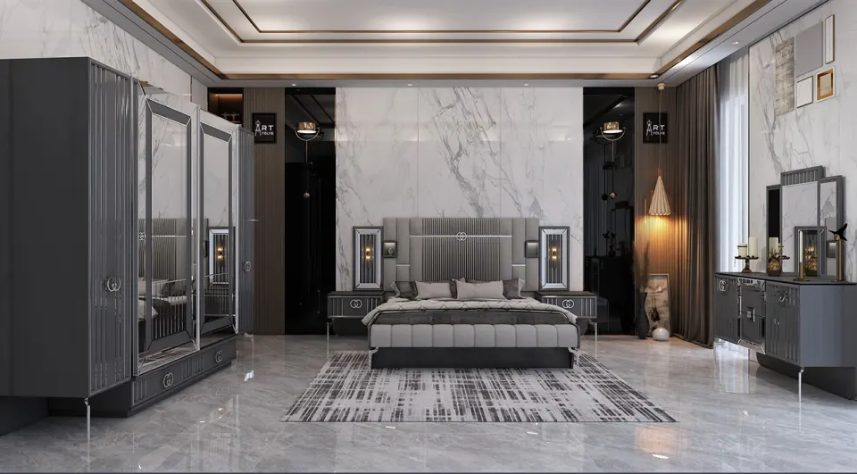 Exelance Anthracite Sliding Door Bedroom Set