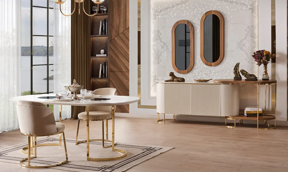 Yağmur Gold Metal Leg Dining Room Set