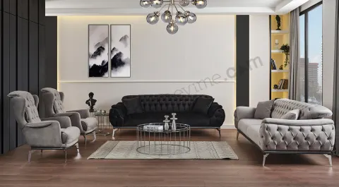 Swiss  Silver Metal Leg Chester Sofa Set