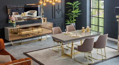 Nest Gold Metal Leg Dining Room Set(Taş Gri)