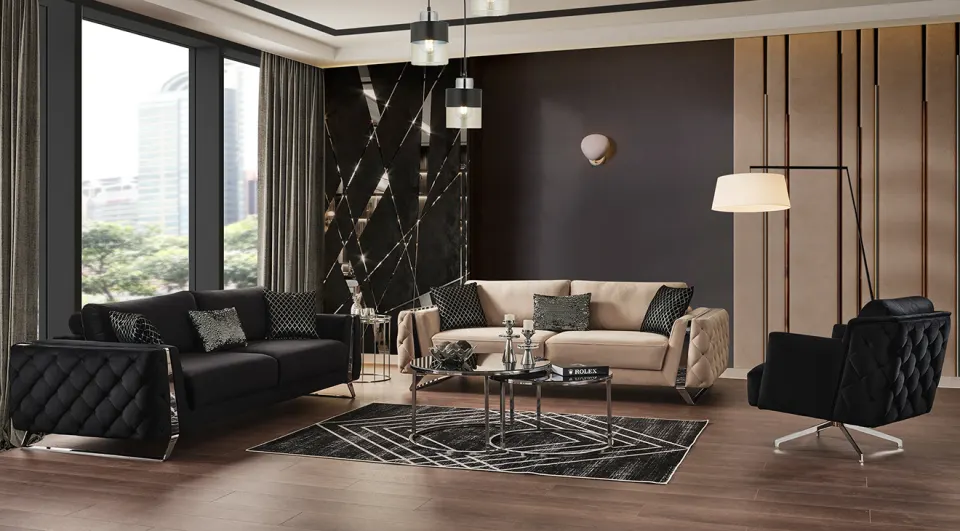 Gloria  Silver Metal Leg Sofa Set