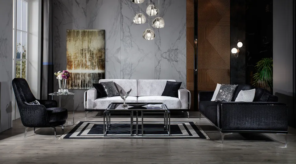 Lotus  Silver Metal Leg Sofa Set