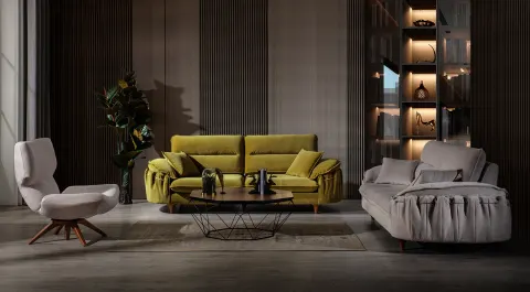 Rose Yellow  Wooden Leg Sofa Set