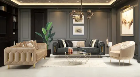 Ravva Cream Metal Leg Sofa Set