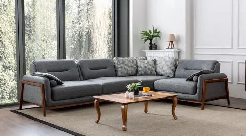 Still Wooden Leg Corner Sofa Set