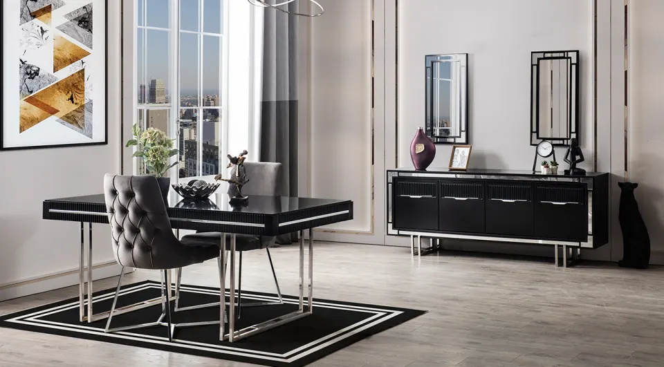 Sedef Metal Leg Dining Room Set (Black)