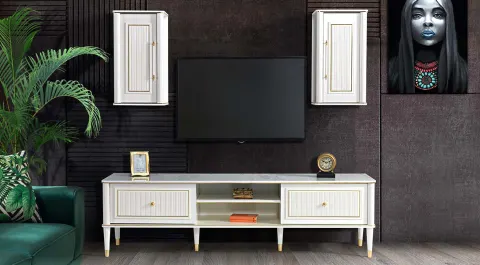 Gold White Wooden Leg Tv Unit