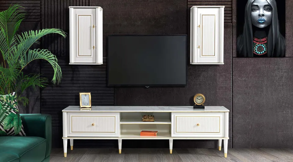 Gold White Wooden Leg Tv Unit