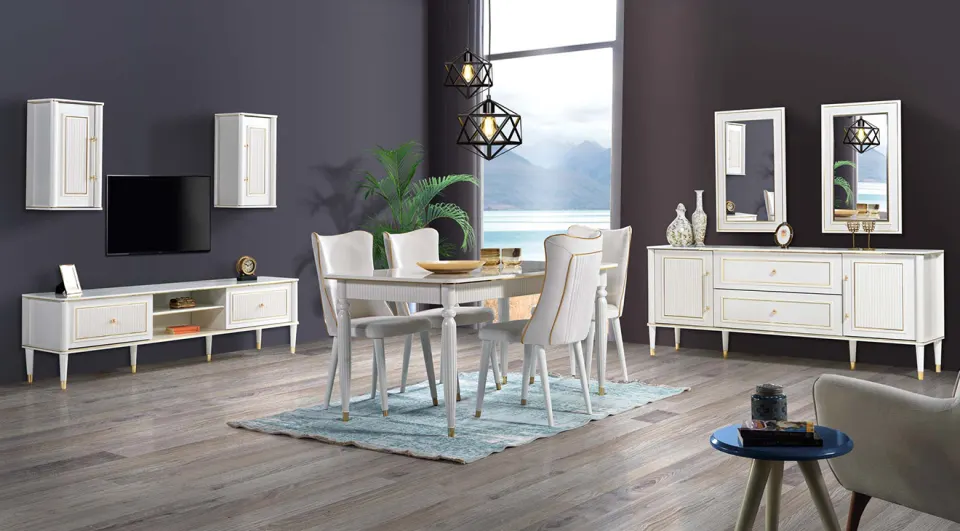 Gold White Wooden Leg Dining Room Set