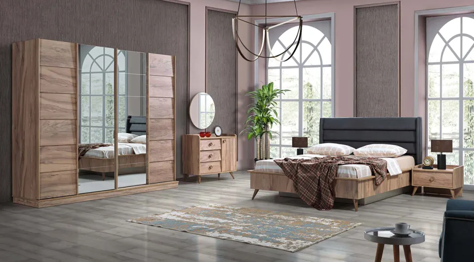 Lucas Walnut Sliding Door Bedroom Set