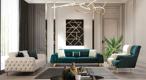 Chester  Gold Metal Leg Sofa Set