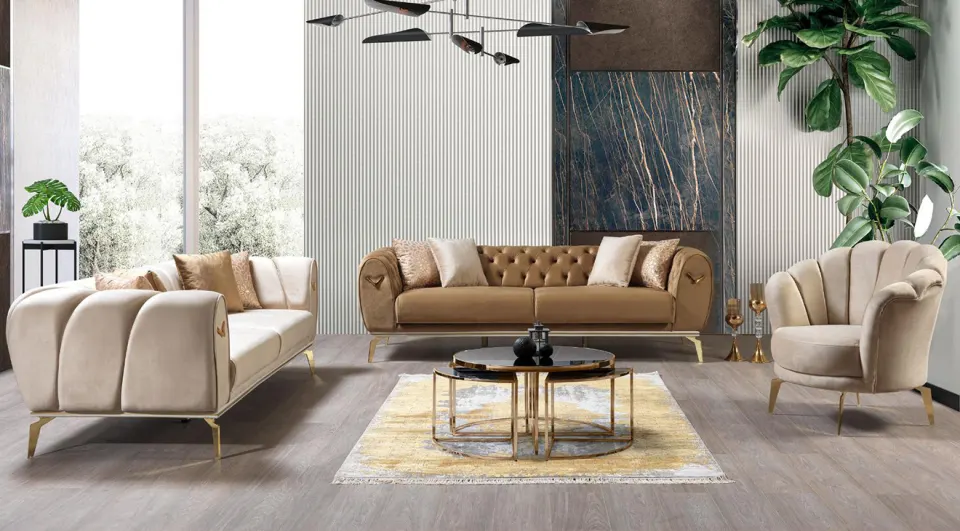 Sofia  Gold Metal Leg Chester Sofa Set