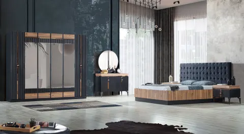 Pandora 6 Door Bedroom Set (Black-Walnut)