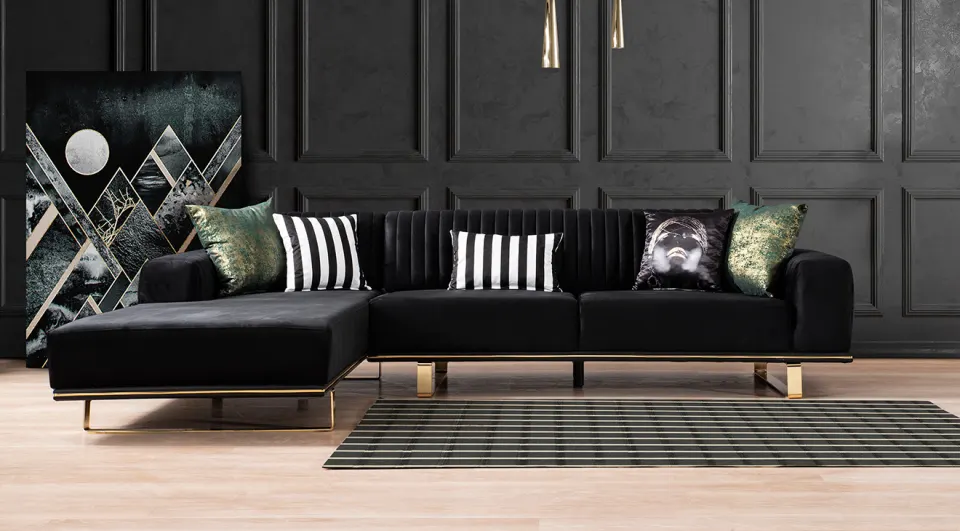 Still Gold Metal Leg Corner Sofa Set