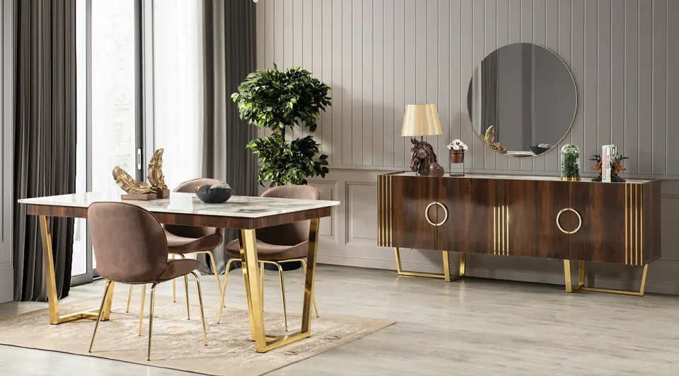 Bella Metal Leg Dining Room Set (Koyu Walnut)